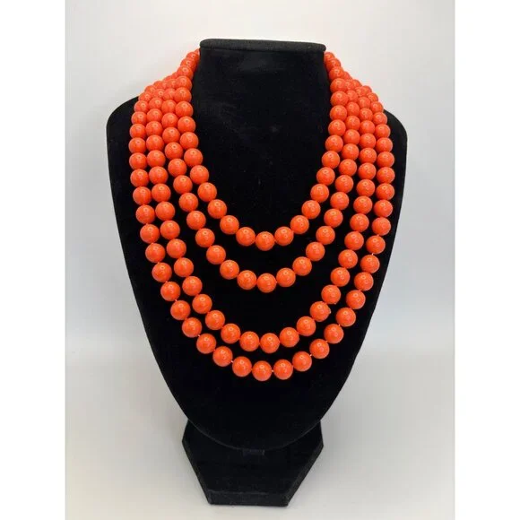 Vintage Coral Orange Multi Beaded 4 Strand Acrylic Choker Statement Necklace Uns - Picture 2 of 5